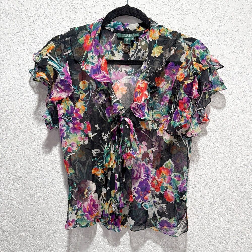 Lauren Ralph Lauren 100% Silk Women Medium Blouse Ruffle Floral Sheer Fairycore